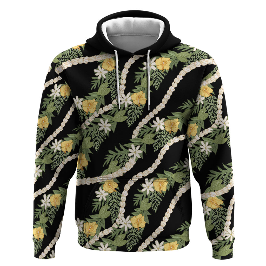Hawaiian Pikake Maile Lei Hoodie Tiare Hibiscus Kalo Palapalai Leaf Black