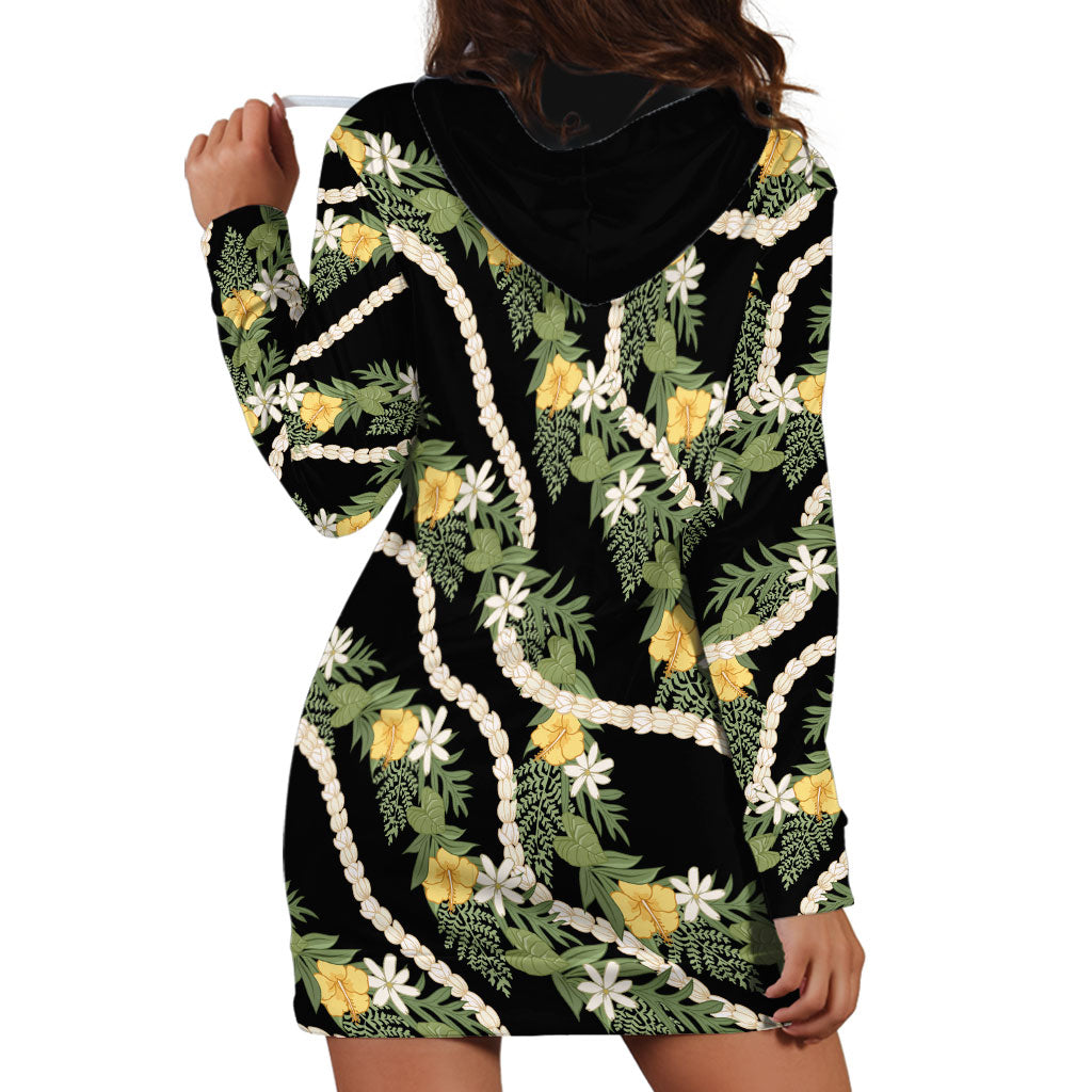 Hawaiian Pikake Maile Lei Hoodie Dress Tiare Hibiscus Kalo Palapalai Leaf Black LT19 - Polynesian Pride