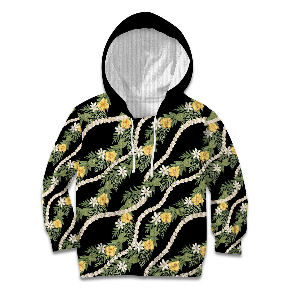 Hawaiian Pikake Maile Lei Kid Hoodie Tiare Hibiscus Kalo Palapalai Leaf Black LT19 Hoodie Black - Polynesian Pride