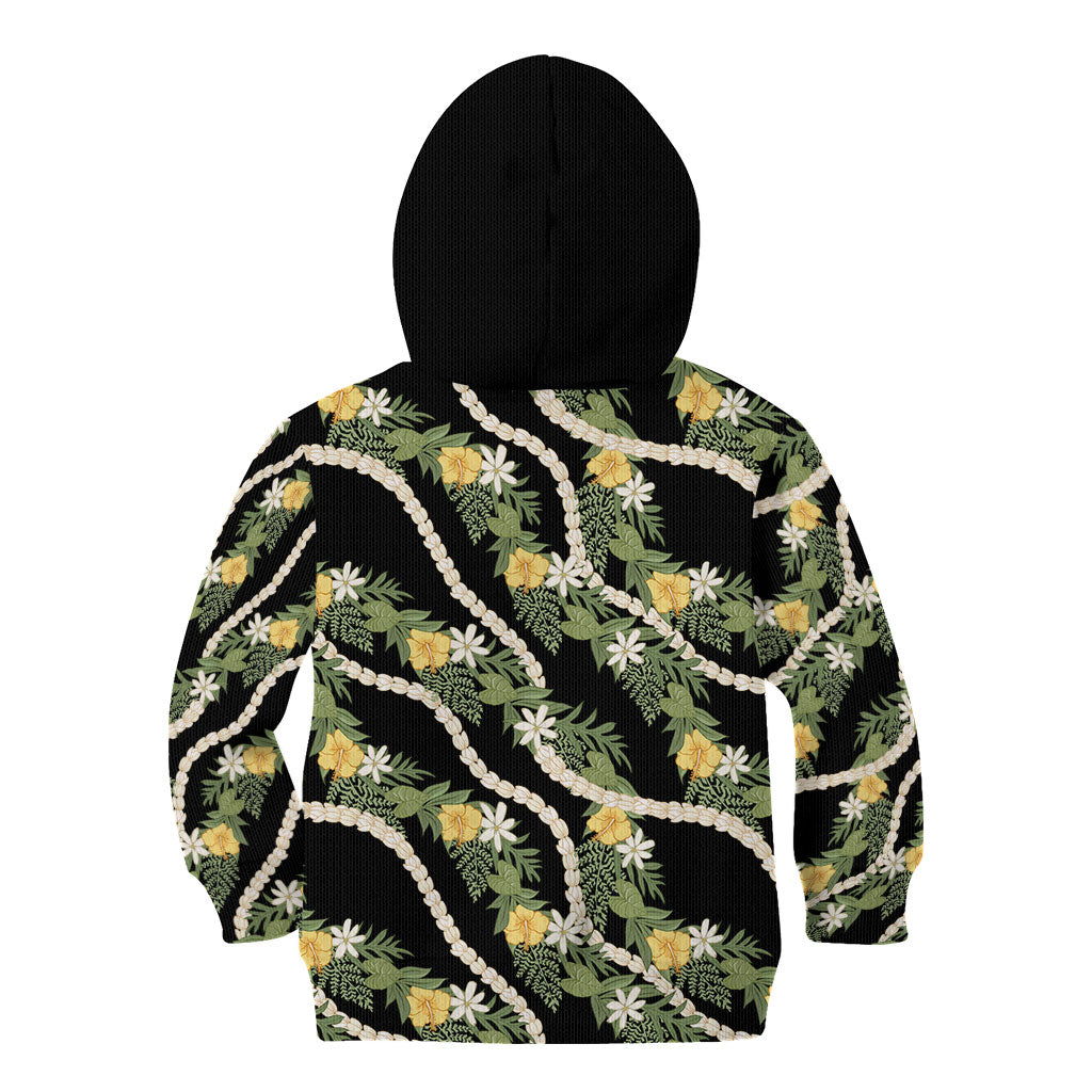 Hawaiian Pikake Maile Lei Kid Hoodie Tiare Hibiscus Kalo Palapalai Leaf Black LT19 - Polynesian Pride