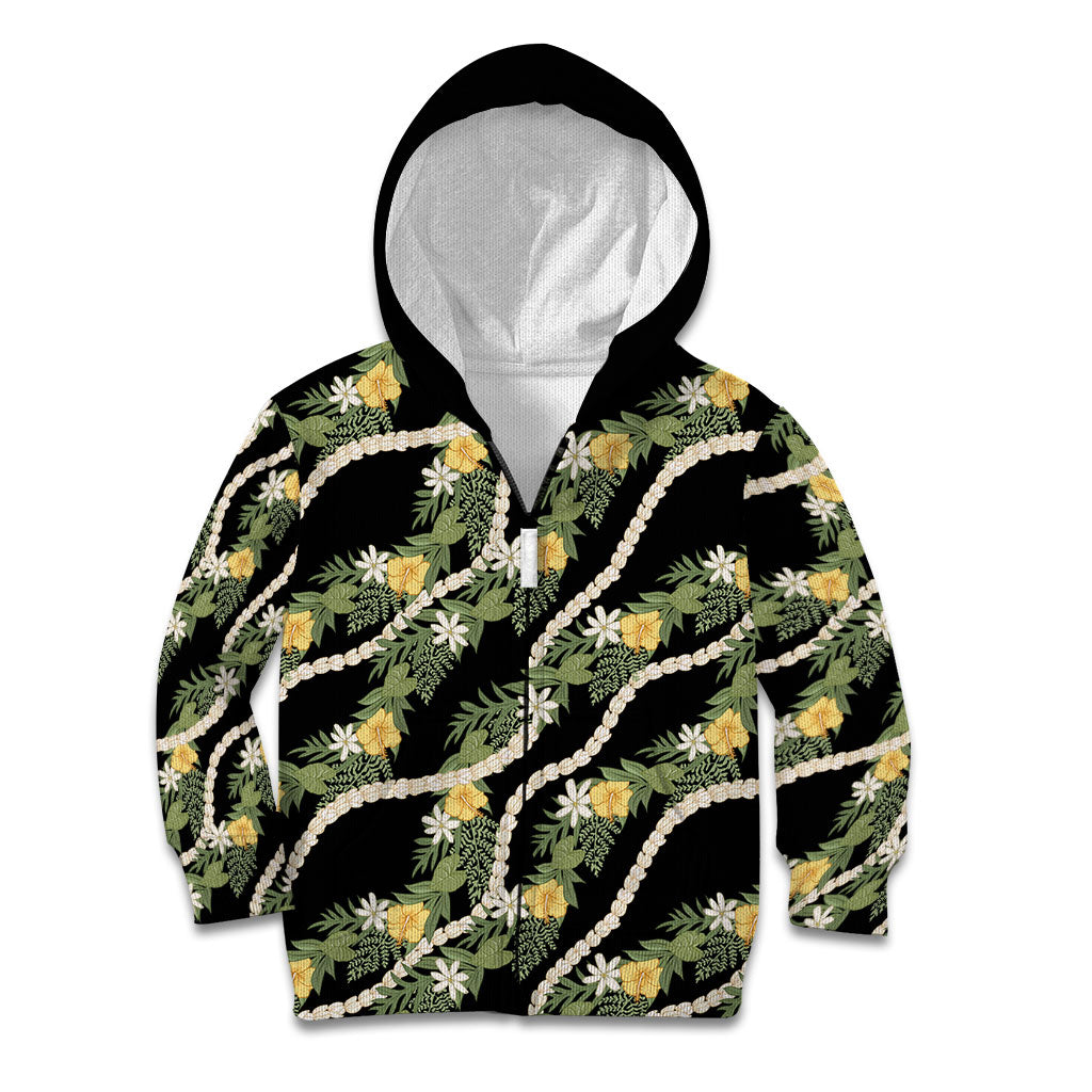 Hawaiian Pikake Maile Lei Kid Hoodie Tiare Hibiscus Kalo Palapalai Leaf Black LT19 Zip Hoodie Black - Polynesian Pride