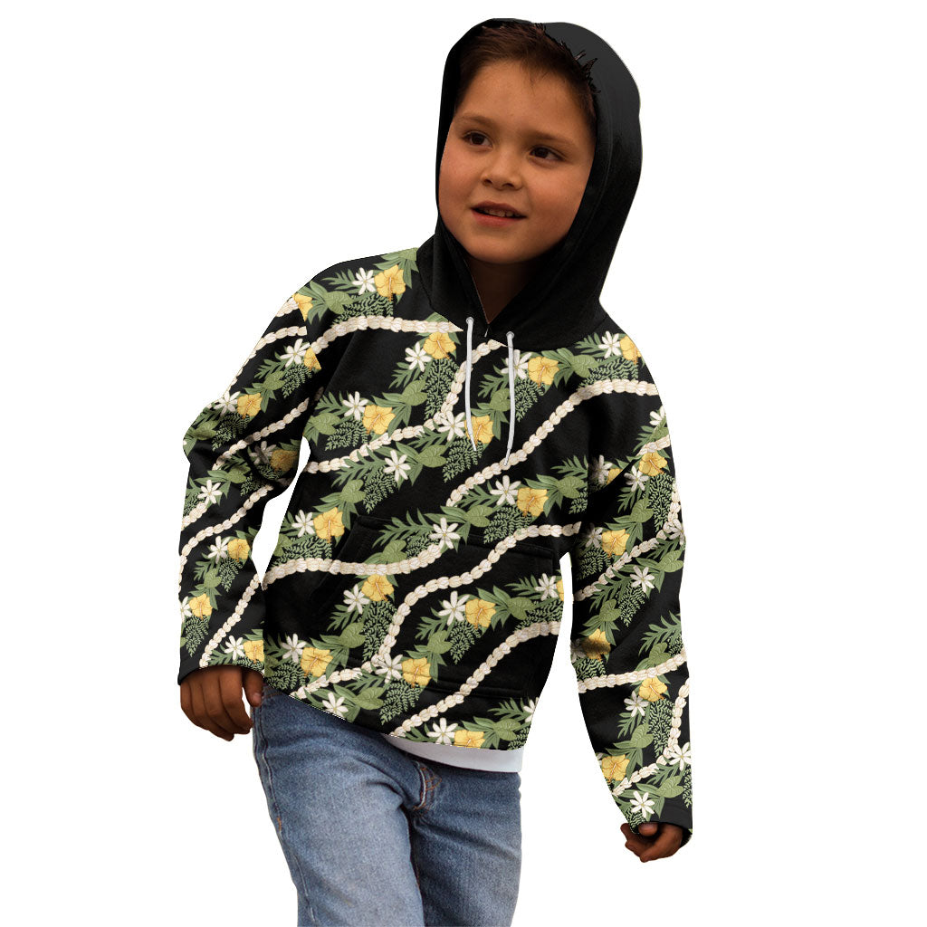 Hawaiian Pikake Maile Lei Kid Hoodie Tiare Hibiscus Kalo Palapalai Leaf Black LT19 - Polynesian Pride