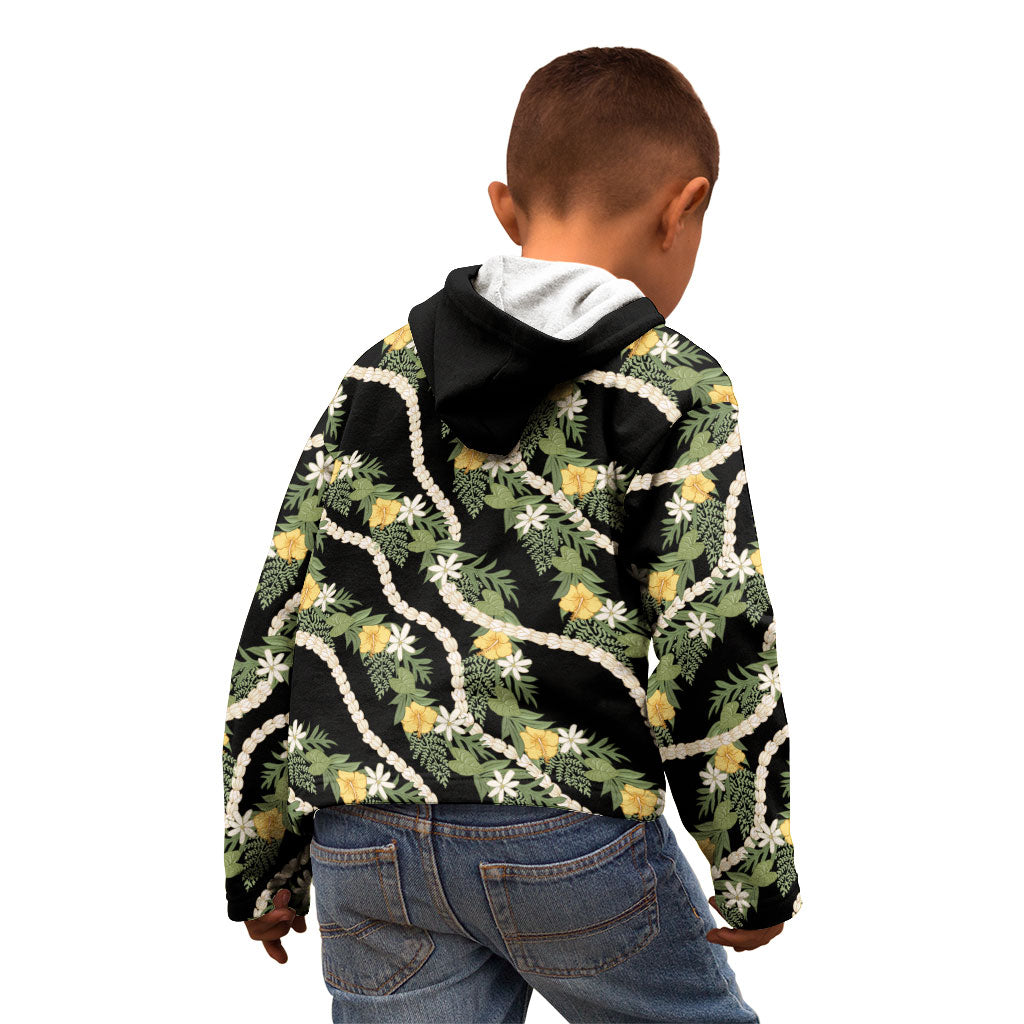 Hawaiian Pikake Maile Lei Kid Hoodie Tiare Hibiscus Kalo Palapalai Leaf Black LT19 - Polynesian Pride