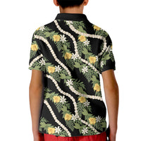 Hawaiian Pikake Maile Lei Kid Polo Shirt Tiare Hibiscus Kalo Palapalai Leaf Black