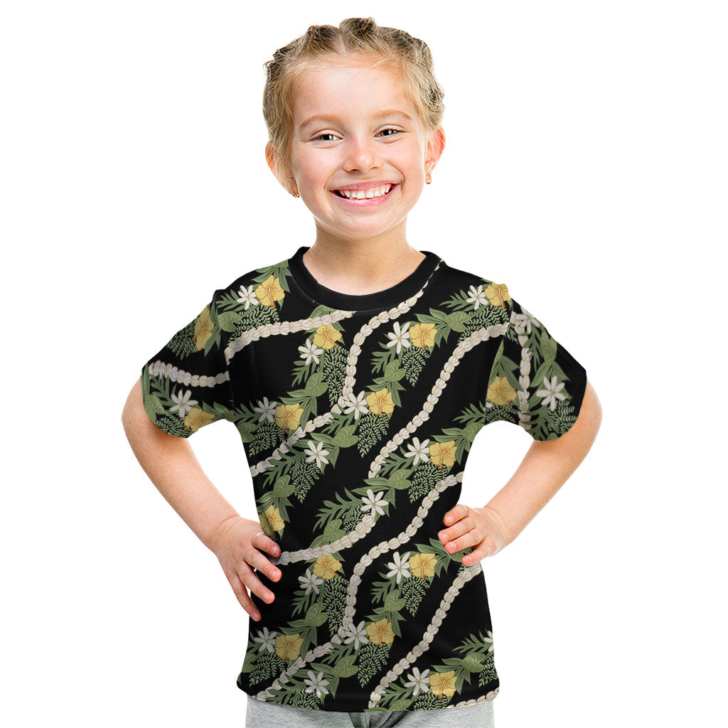 Hawaiian Pikake Maile Lei Kid T Shirt Tiare Hibiscus Kalo Palapalai Leaf Black