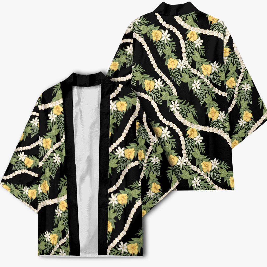 Hawaiian Pikake Maile Lei Kimono Tiare Hibiscus Kalo Palapalai Leaf Black