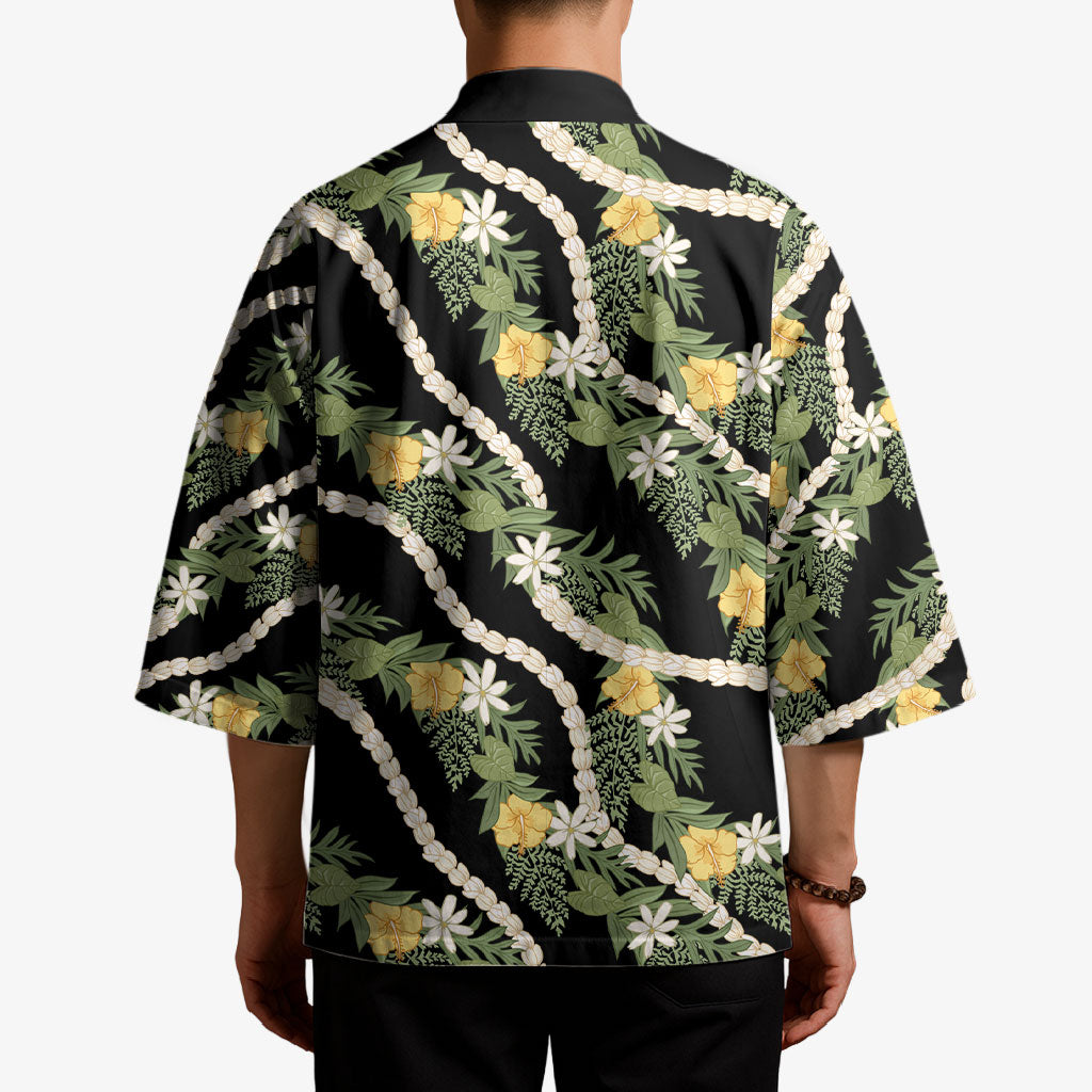 Hawaiian Pikake Maile Lei Kimono Tiare Hibiscus Kalo Palapalai Leaf Black