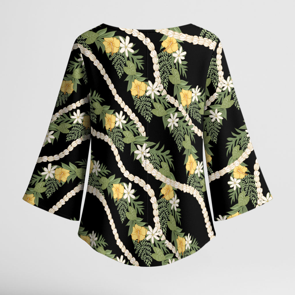 Hawaiian Pikake Maile Lei Kimono Sleeve Blouse Tiare Hibiscus Kalo Palapalai Leaf Black