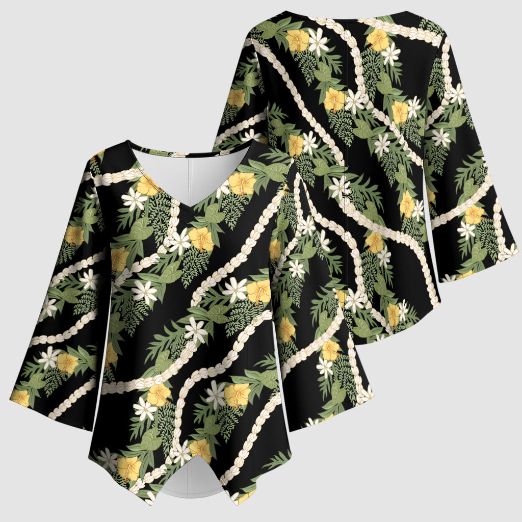 Hawaiian Pikake Maile Lei Kimono Sleeve Blouse Tiare Hibiscus Kalo Palapalai Leaf Black