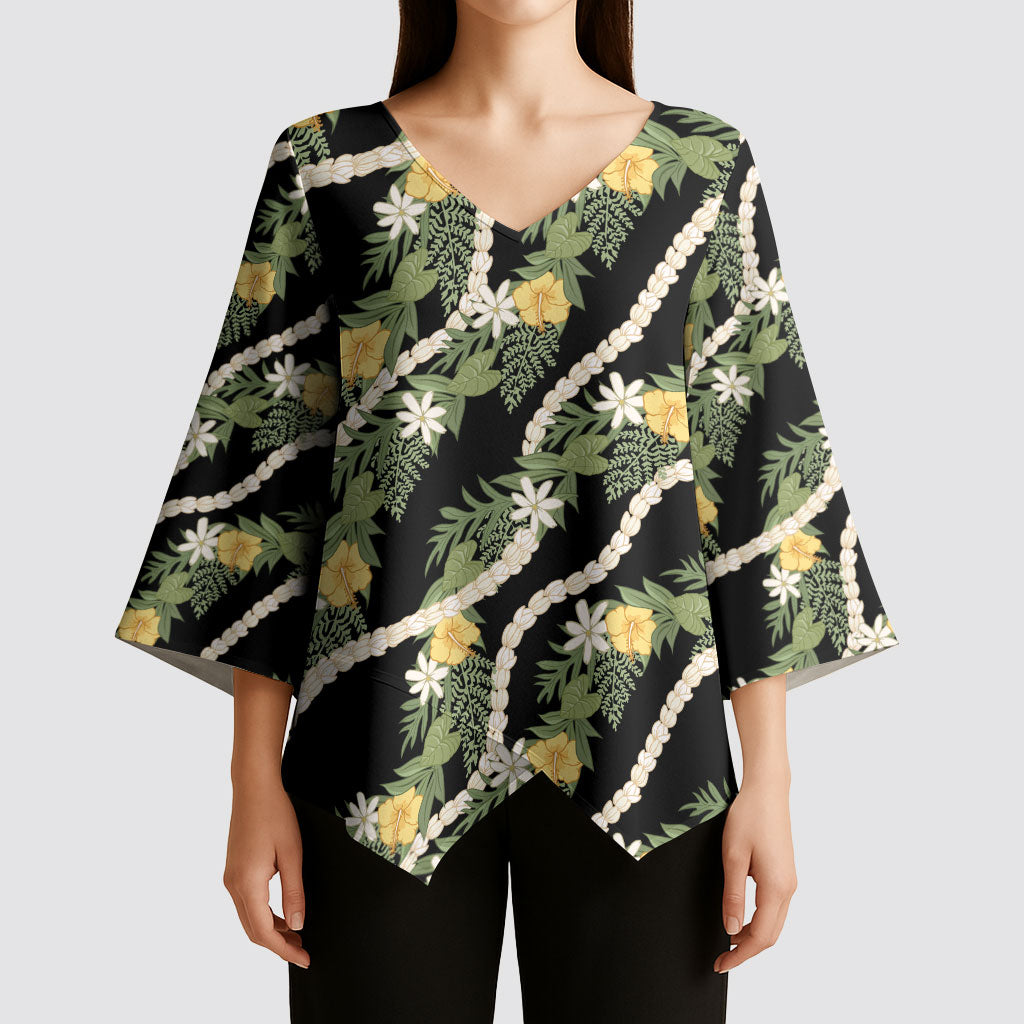 Hawaiian Pikake Maile Lei Kimono Sleeve Blouse Tiare Hibiscus Kalo Palapalai Leaf Black