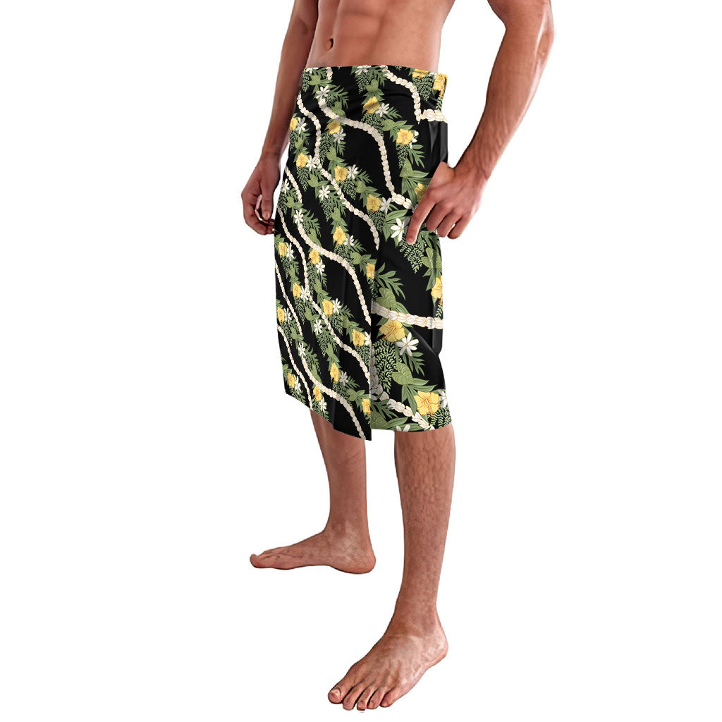 Hawaiian Pikake Maile Lei Lavalava Tiare Hibiscus Kalo Palapalai Leaf Black