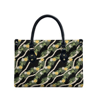 Hawaiian Pikake Maile Lei Leather Bag Tiare Hibiscus Kalo Palapalai Leaf Black