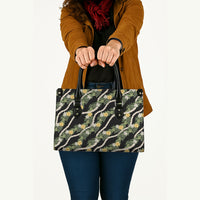 Hawaiian Pikake Maile Lei Leather Bag Tiare Hibiscus Kalo Palapalai Leaf Black