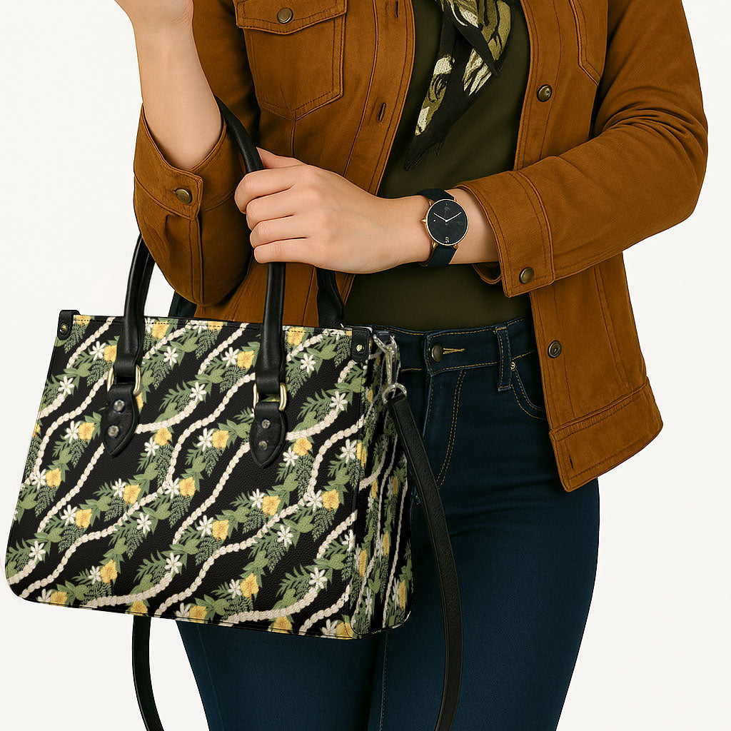 Hawaiian Pikake Maile Lei Leather Bag Tiare Hibiscus Kalo Palapalai Leaf Black
