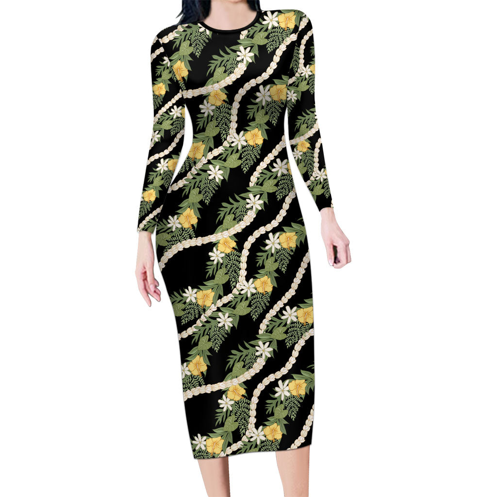 Hawaiian Pikake Maile Lei Long Sleeve Bodycon Dress Tiare Hibiscus Kalo Palapalai Leaf Black