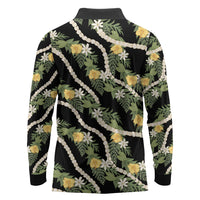 Hawaiian Pikake Maile Lei Long Sleeve Polo Shirt Tiare Hibiscus Kalo Palapalai Leaf Black
