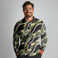 Hawaiian Pikake Maile Lei Long Sleeve Polo Shirt Tiare Hibiscus Kalo Palapalai Leaf Black