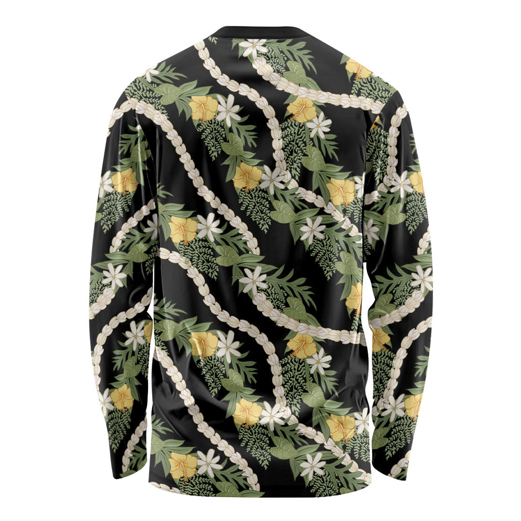 Hawaiian Pikake Maile Lei Long Sleeve Shirt Tiare Hibiscus Kalo Palapalai Leaf Black