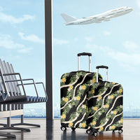 Hawaiian Pikake Maile Lei Luggage Cover Tiare Hibiscus Kalo Palapalai Leaf Black
