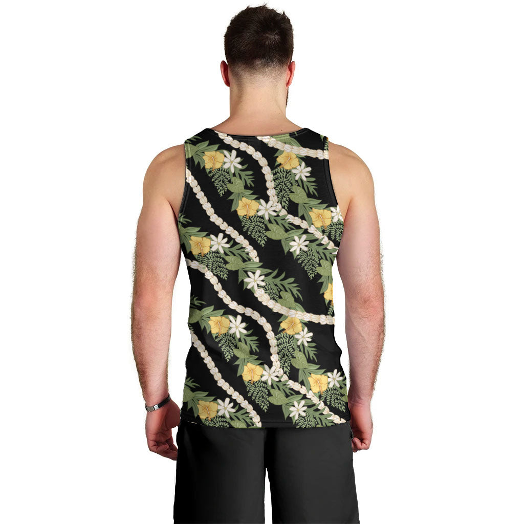 Hawaiian Pikake Maile Lei Men Tank Top Tiare Hibiscus Kalo Palapalai Leaf Black