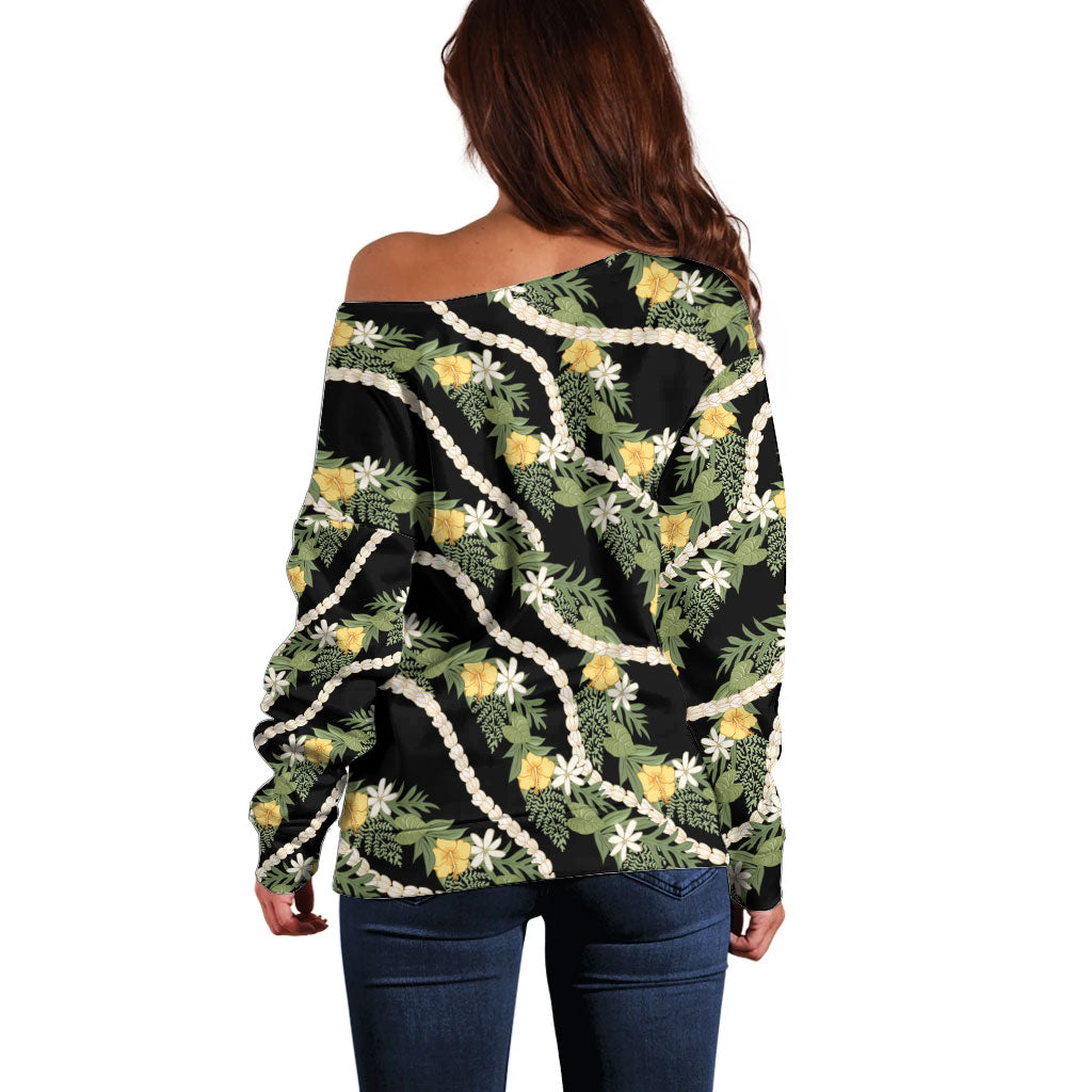 Hawaiian Pikake Maile Lei Off Shoulder Sweater Tiare Hibiscus Kalo Palapalai Leaf Black