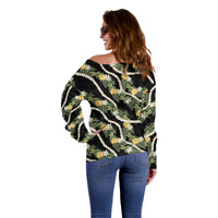 Hawaiian Pikake Maile Lei Off Shoulder Sweater Tiare Hibiscus Kalo Palapalai Leaf Black