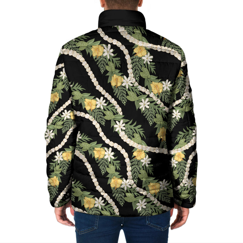 Hawaiian Pikake Maile Lei Padded Jacket Tiare Hibiscus Kalo Palapalai Leaf Black