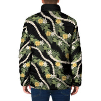 Hawaiian Pikake Maile Lei Padded Jacket Tiare Hibiscus Kalo Palapalai Leaf Black
