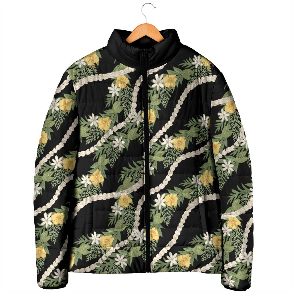 Hawaiian Pikake Maile Lei Padded Jacket Tiare Hibiscus Kalo Palapalai Leaf Black