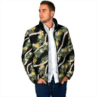 Hawaiian Pikake Maile Lei Padded Jacket Tiare Hibiscus Kalo Palapalai Leaf Black