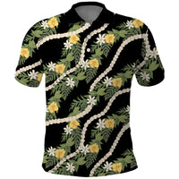 Hawaiian Pikake Maile Lei Polo Shirt Tiare Hibiscus Kalo Palapalai Leaf Black