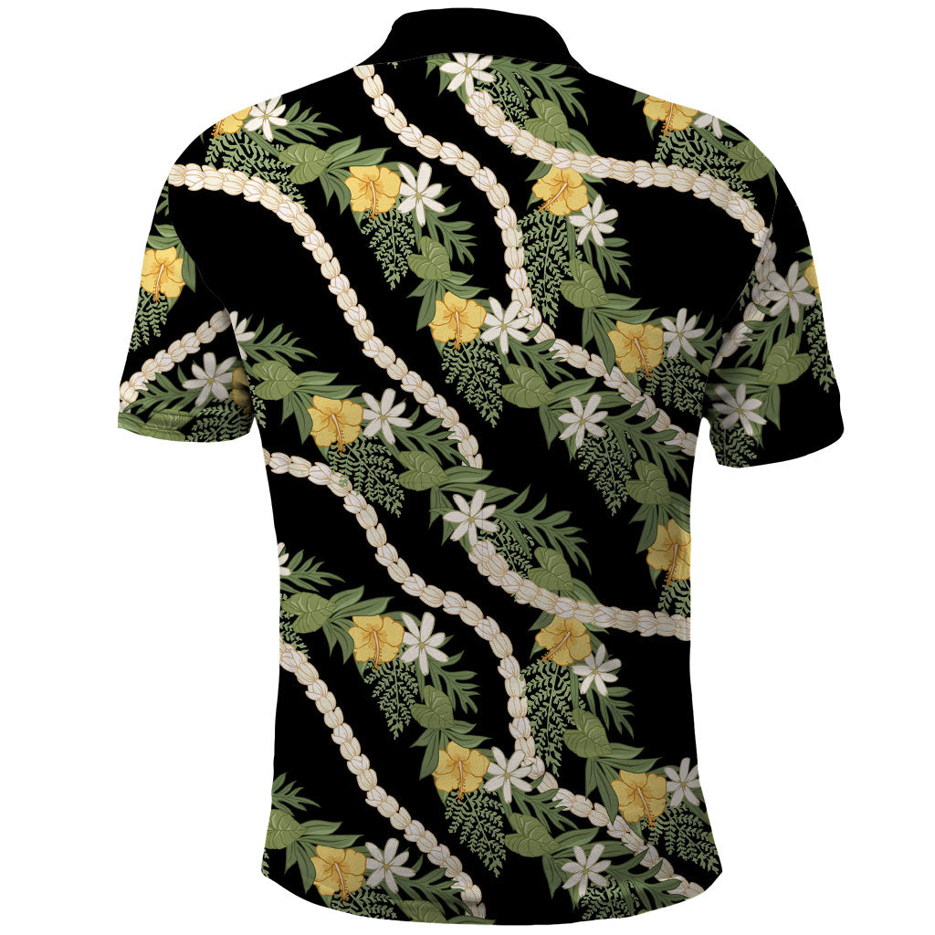 Hawaiian Pikake Maile Lei Polo Shirt Tiare Hibiscus Kalo Palapalai Leaf Black