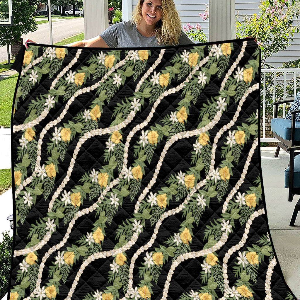Hawaiian Pikake Maile Lei Quilt Tiare Hibiscus Kalo Palapalai Leaf Black