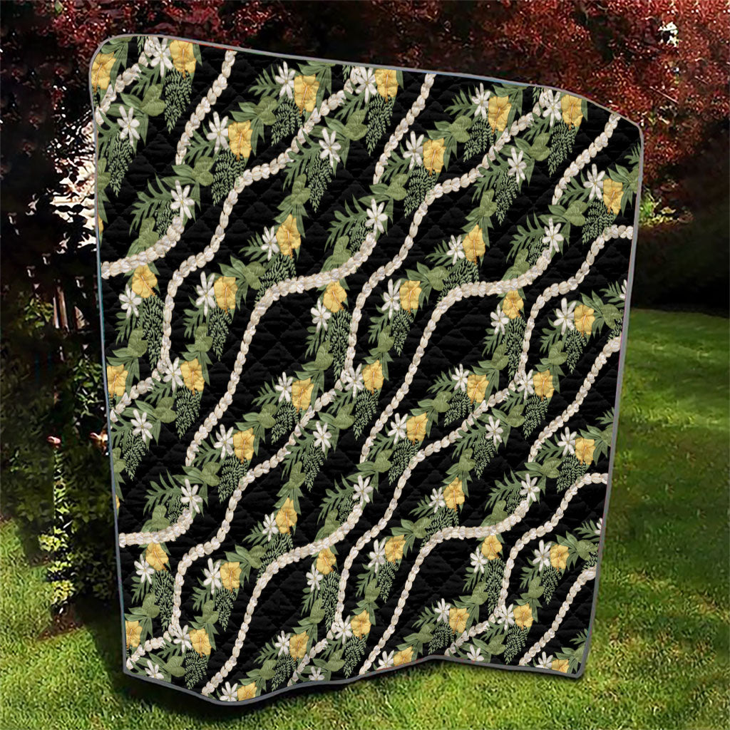 Hawaiian Pikake Maile Lei Quilt Tiare Hibiscus Kalo Palapalai Leaf Black