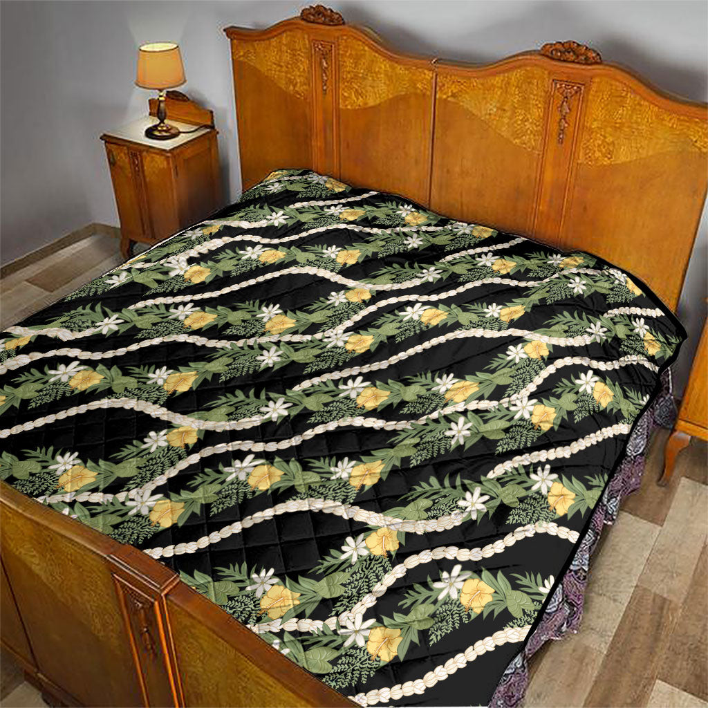 Hawaiian Pikake Maile Lei Quilt Tiare Hibiscus Kalo Palapalai Leaf Black