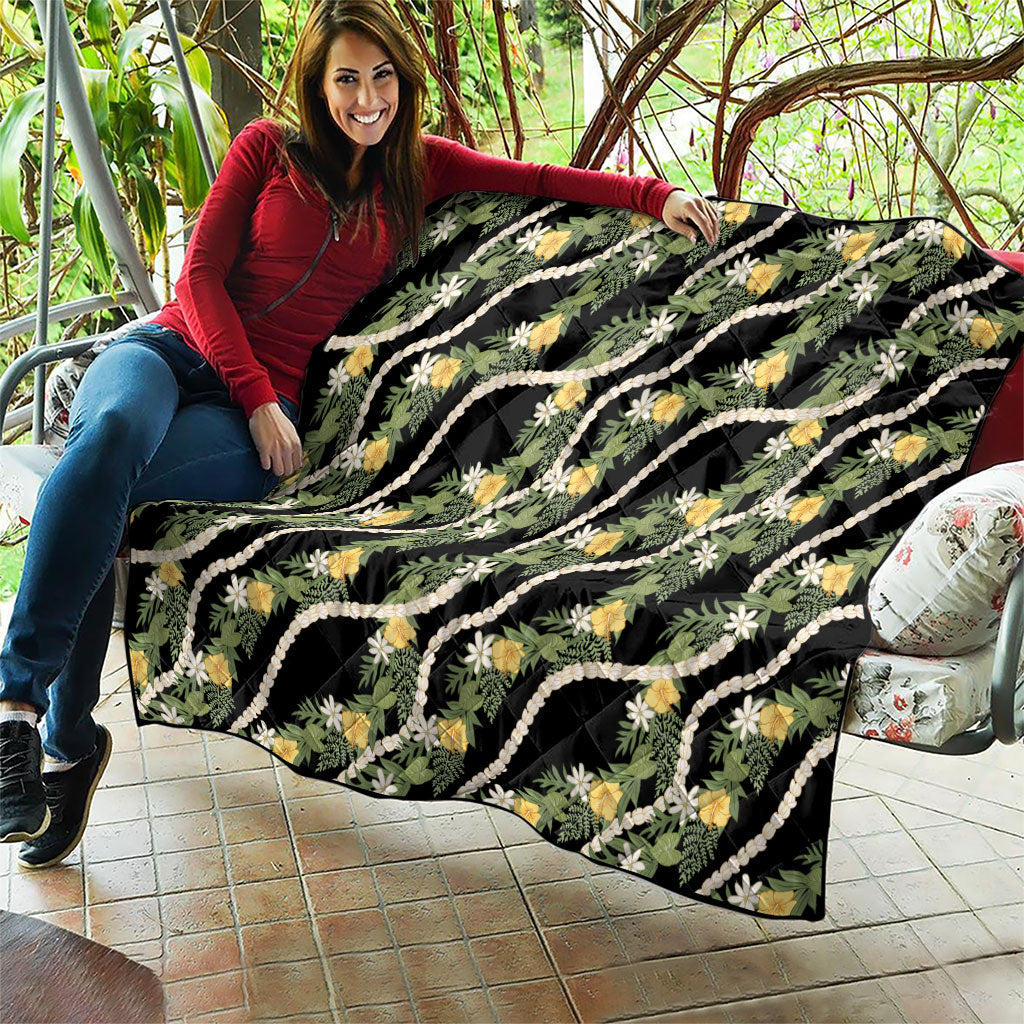 Hawaiian Pikake Maile Lei Quilt Tiare Hibiscus Kalo Palapalai Leaf Black