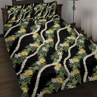 Hawaiian Pikake Maile Lei Quilt Bed Set Tiare Hibiscus Kalo Palapalai Leaf Black