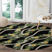 Hawaiian Pikake Maile Lei Round Carpet Tiare Hibiscus Kalo Palapalai Leaf Black