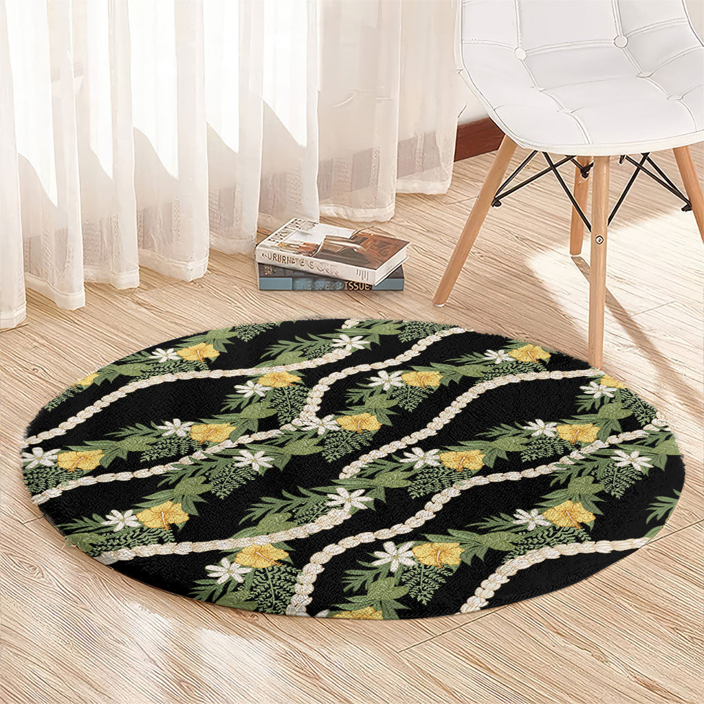 Hawaiian Pikake Maile Lei Round Carpet Tiare Hibiscus Kalo Palapalai Leaf Black