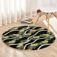 Hawaiian Pikake Maile Lei Round Carpet Tiare Hibiscus Kalo Palapalai Leaf Black