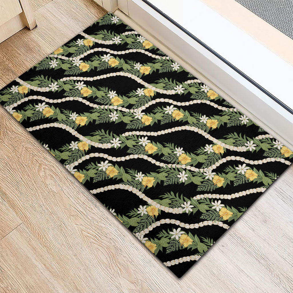 Hawaiian Pikake Maile Lei Rubber Doormat Tiare Hibiscus Kalo Palapalai Leaf Black
