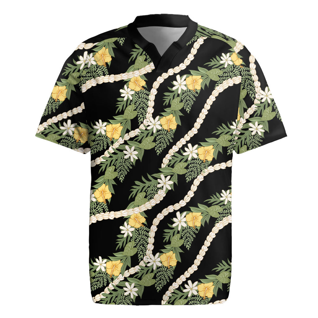Hawaiian Pikake Maile Lei Rugby Jersey Tiare Hibiscus Kalo Palapalai Leaf Black