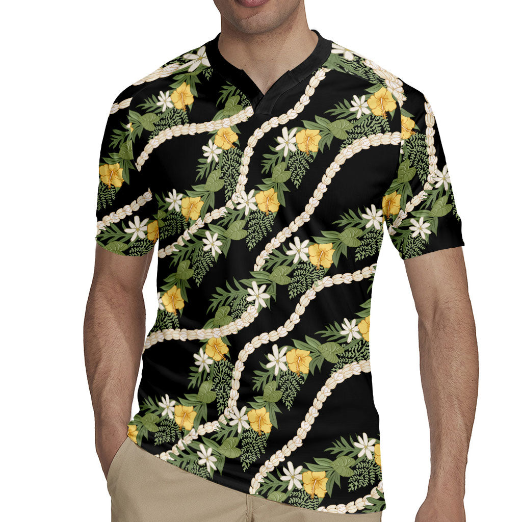 Hawaiian Pikake Maile Lei Rugby Jersey Tiare Hibiscus Kalo Palapalai Leaf Black