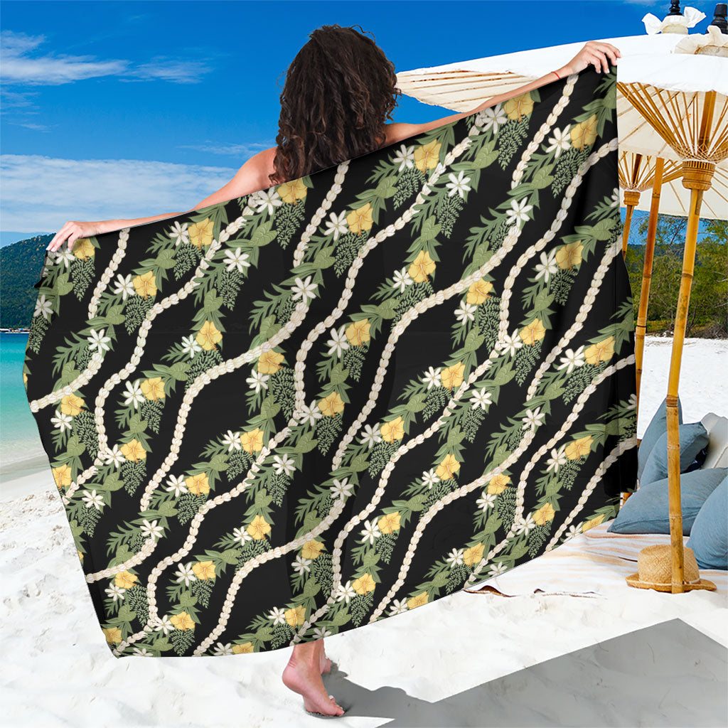 Hawaiian Pikake Maile Lei Sarong Tiare Hibiscus Kalo Palapalai Leaf Black