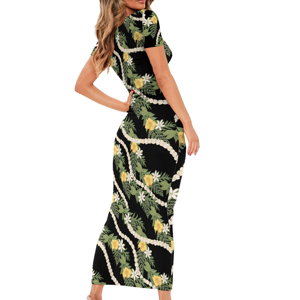 Hawaiian Pikake Maile Lei Short Sleeve Bodycon Dress Tiare Hibiscus Kalo Palapalai Leaf Black