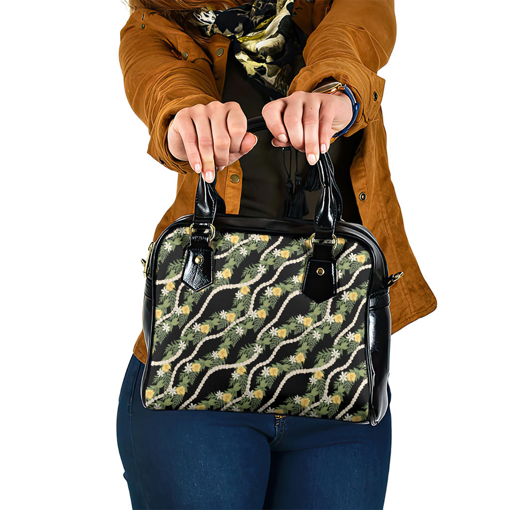 Hawaiian Pikake Maile Lei Shoulder Handbag Tiare Hibiscus Kalo Palapalai Leaf Black
