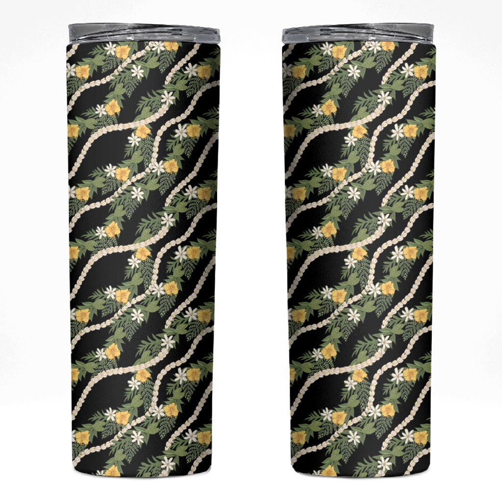 Hawaiian Pikake Maile Lei Skinny Tumbler Tiare Hibiscus Kalo Palapalai Leaf Black