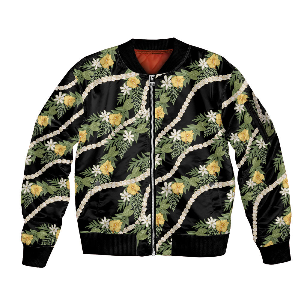 Hawaiian Pikake Maile Lei Sleeve Zip Bomber Jacket Tiare Hibiscus Kalo Palapalai Leaf Black