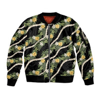 Hawaiian Pikake Maile Lei Sleeve Zip Bomber Jacket Tiare Hibiscus Kalo Palapalai Leaf Black