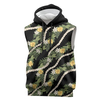 Hawaiian Pikake Maile Lei Sleeveless Hoodie Tiare Hibiscus Kalo Palapalai Leaf Black